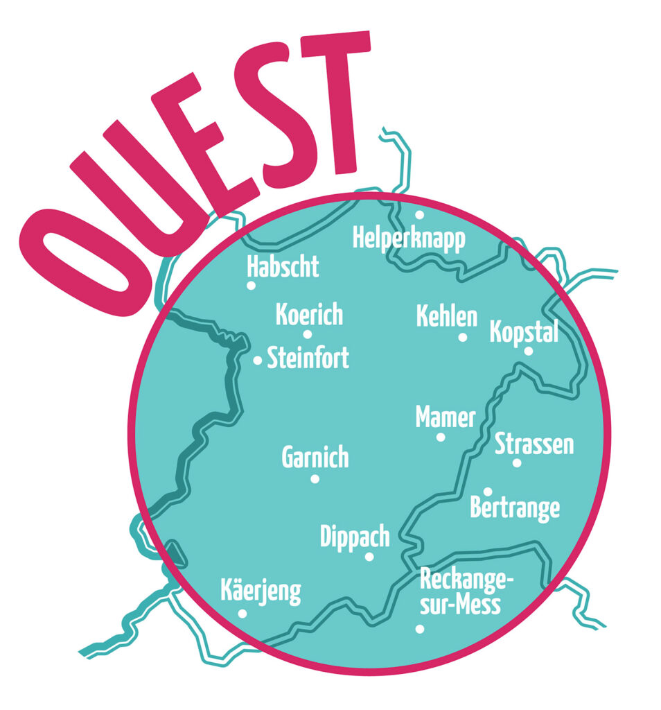 Carte de l'ouest du Luxembourg répertoriant les différentes régions de la partie ouest du pays